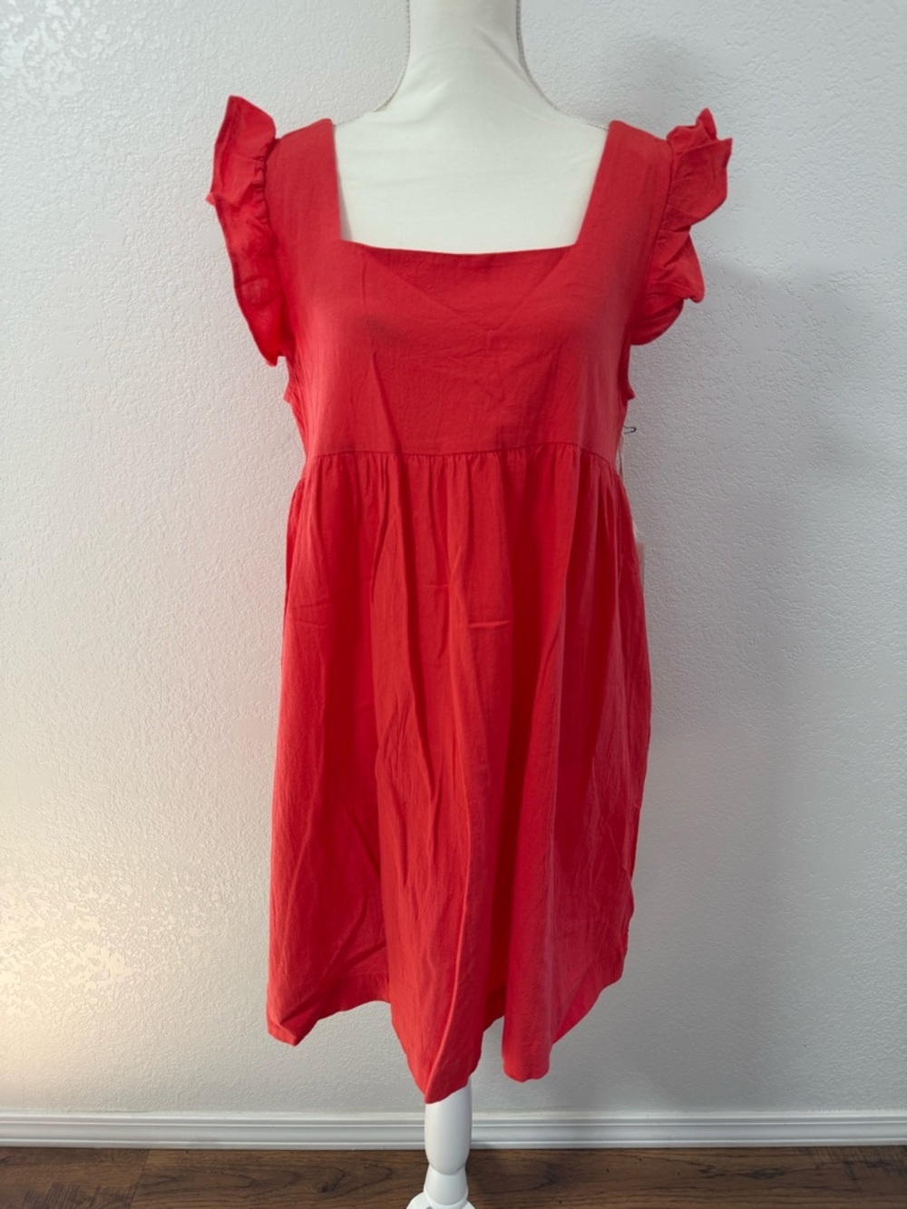 ROCKIN C Red Cotton A-Lined Knee Dress Square Neck Ruffle Sleeve Size M